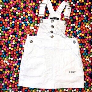 DKNY sz 5 Girls Youth White Cotton Stretch Denim Jeans Overalls Dress Jumper